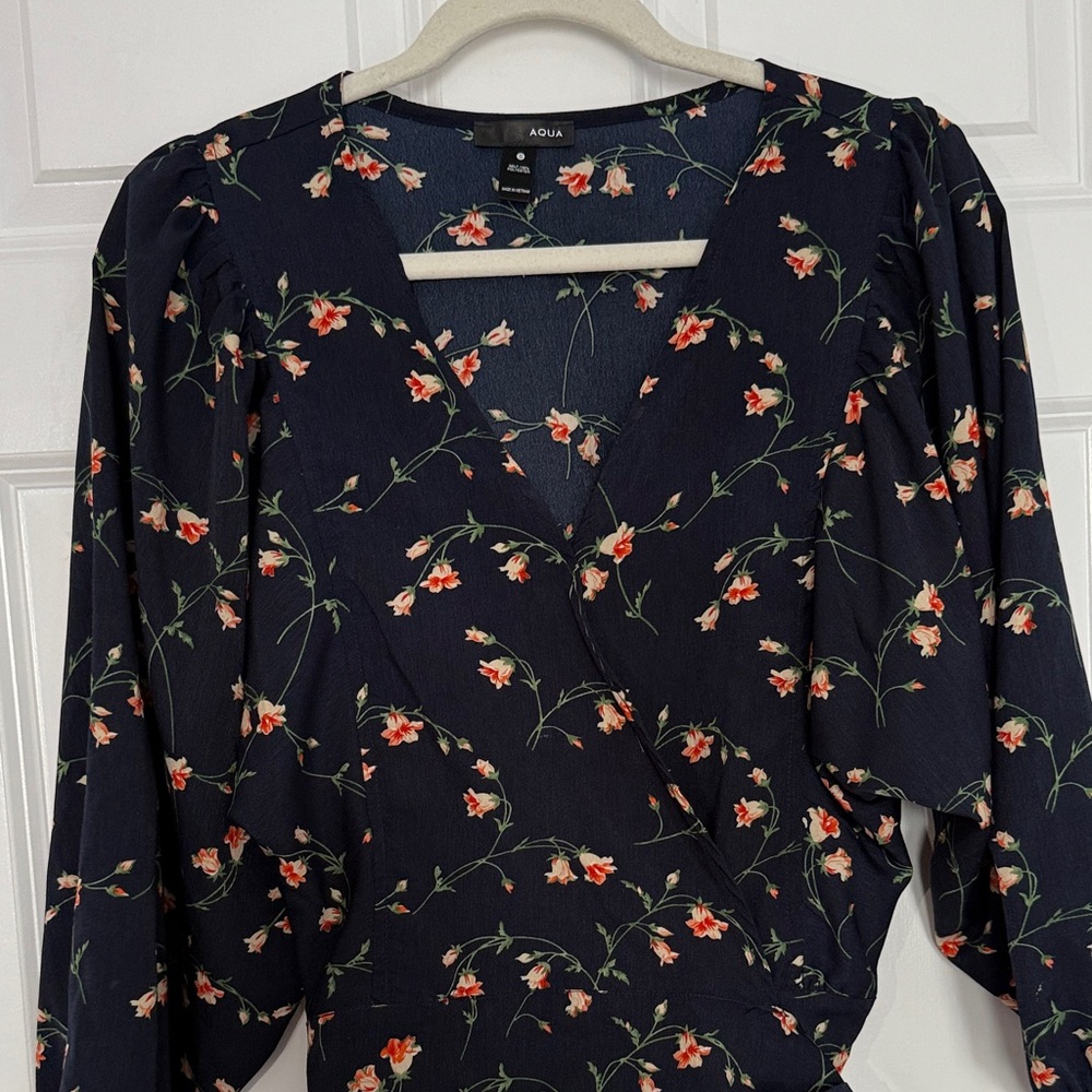 Aqua Puff Sleeve Tie Front Floral Blouse